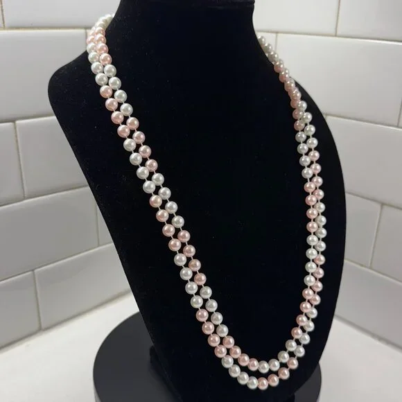 Pink and White Faux Pearls Flapper Length - Picture 3 of 6